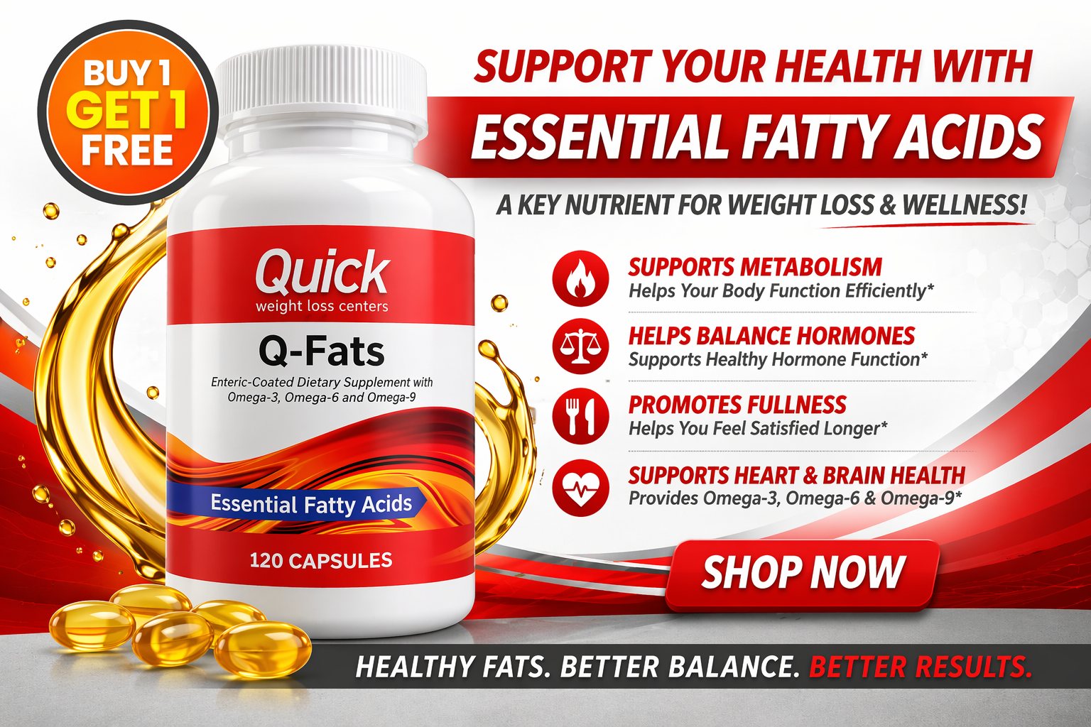 An informative image of Quick Q-Fats, emphasizing the role of essential fatty acids in nutrition.