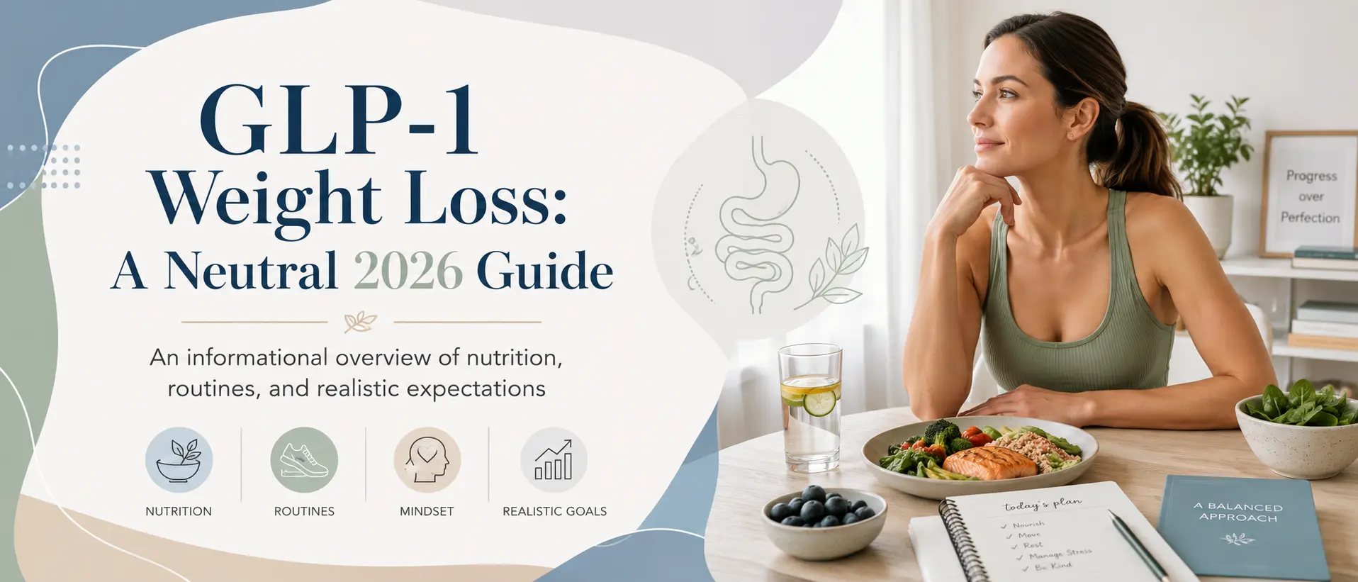 Vertical guide titled "GLP-1 Weight Loss" from 2020, featuring informative graphics and text on weight management strategies.