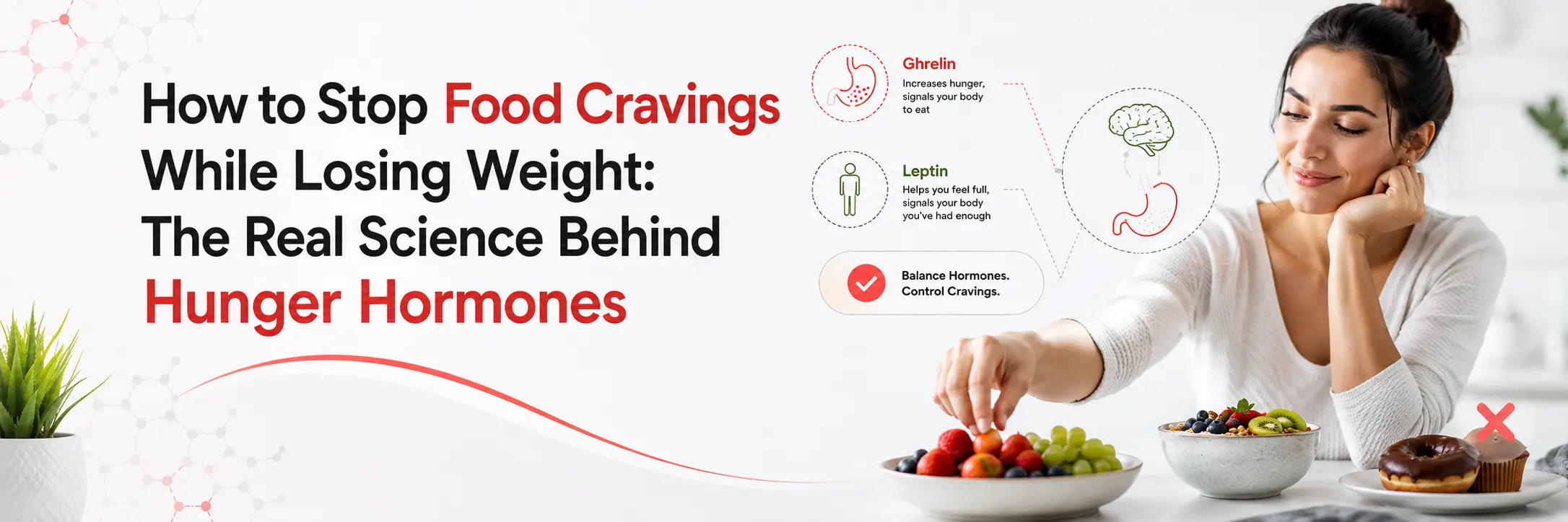 Diagram presenting methods to reduce food cravings during weight loss, including practical advice and healthy alternatives.