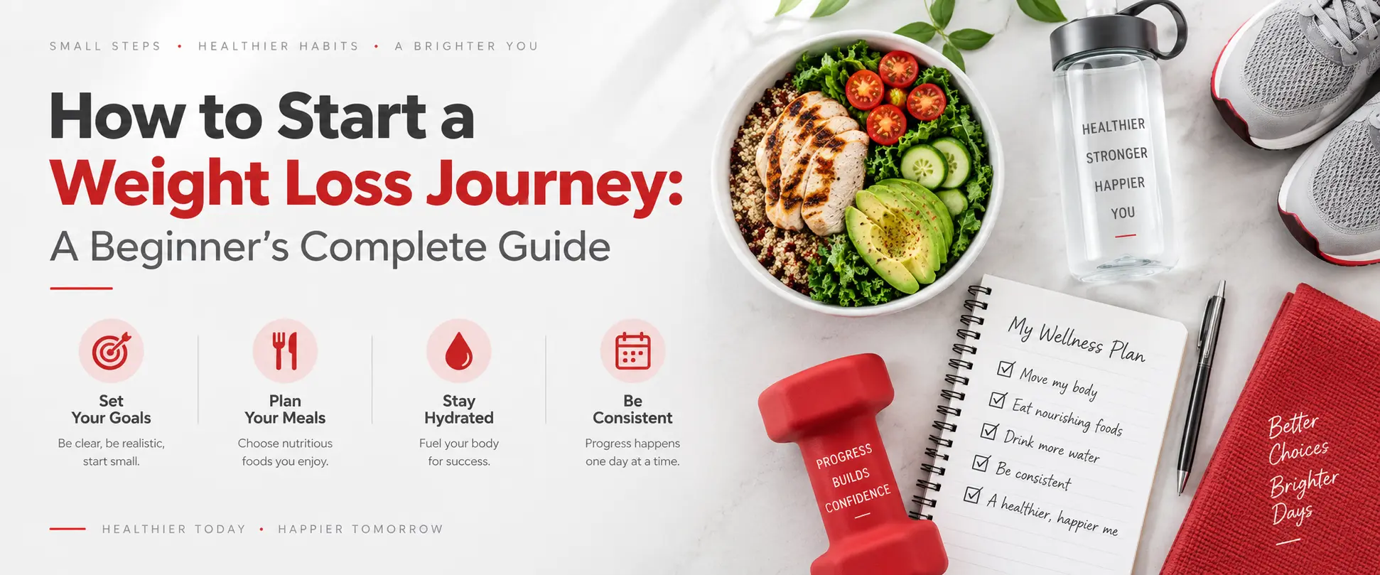 A notebook and pen beside a healthy meal, representing planning and commitment to starting a weight loss journey.